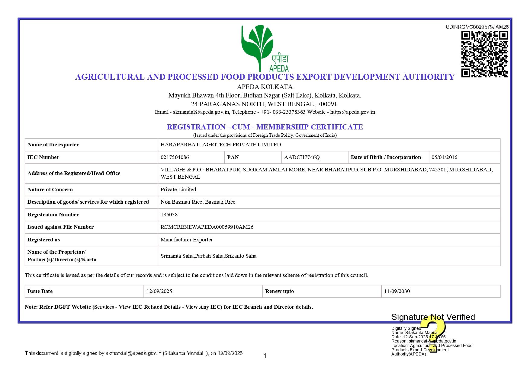 APEDA Registration-Cum-Membership Certificate for Haraparbati Agritech Private Limited as a manufacturer exporter of Basmati and Non-Basmati rice