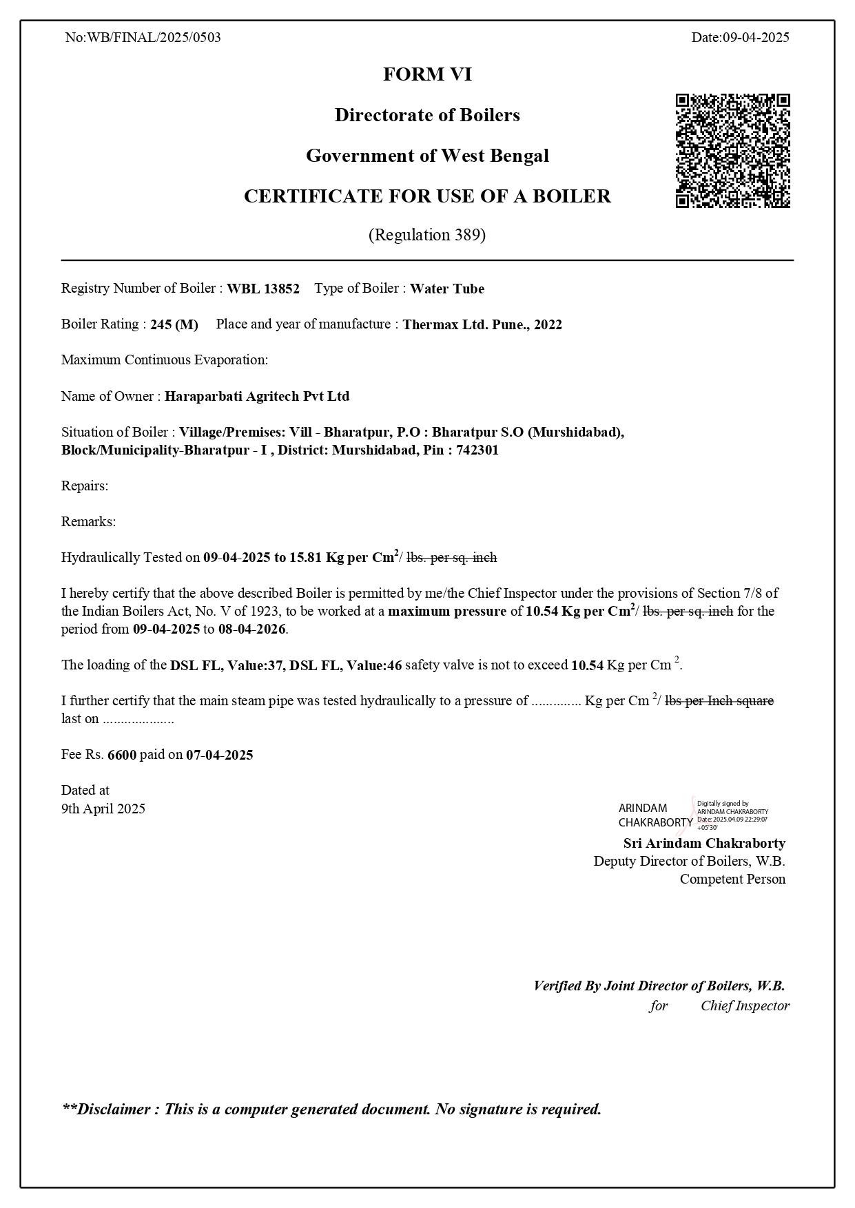 Form VI Certificate for Use of a Boiler issued to Haraparbati Agritech Pvt Ltd by the Directorate of Boilers, West Bengal