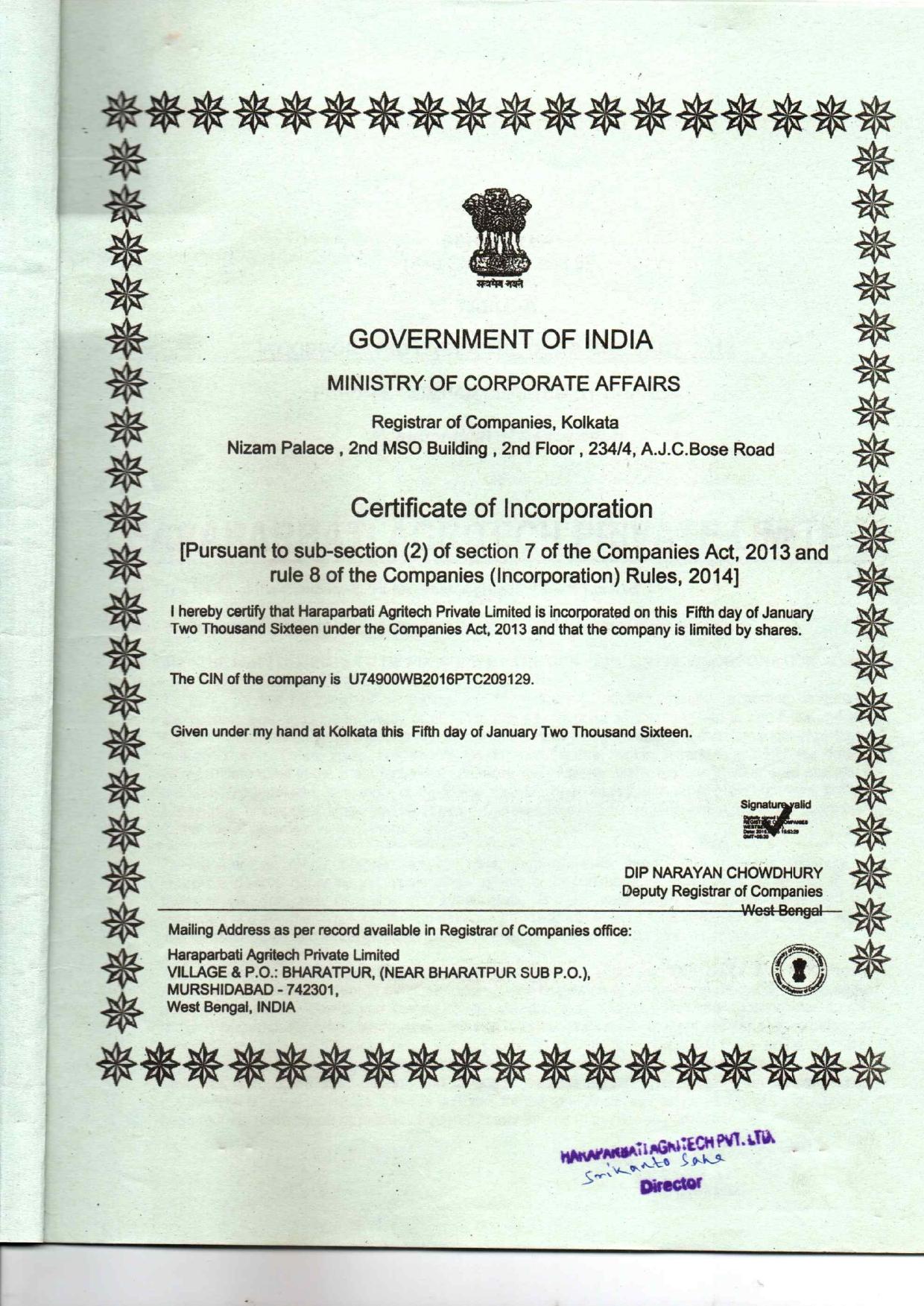 Certificate of Incorporation for Haraparbati Agritech Private Limited issued by the Registrar of Companies, Kolkata