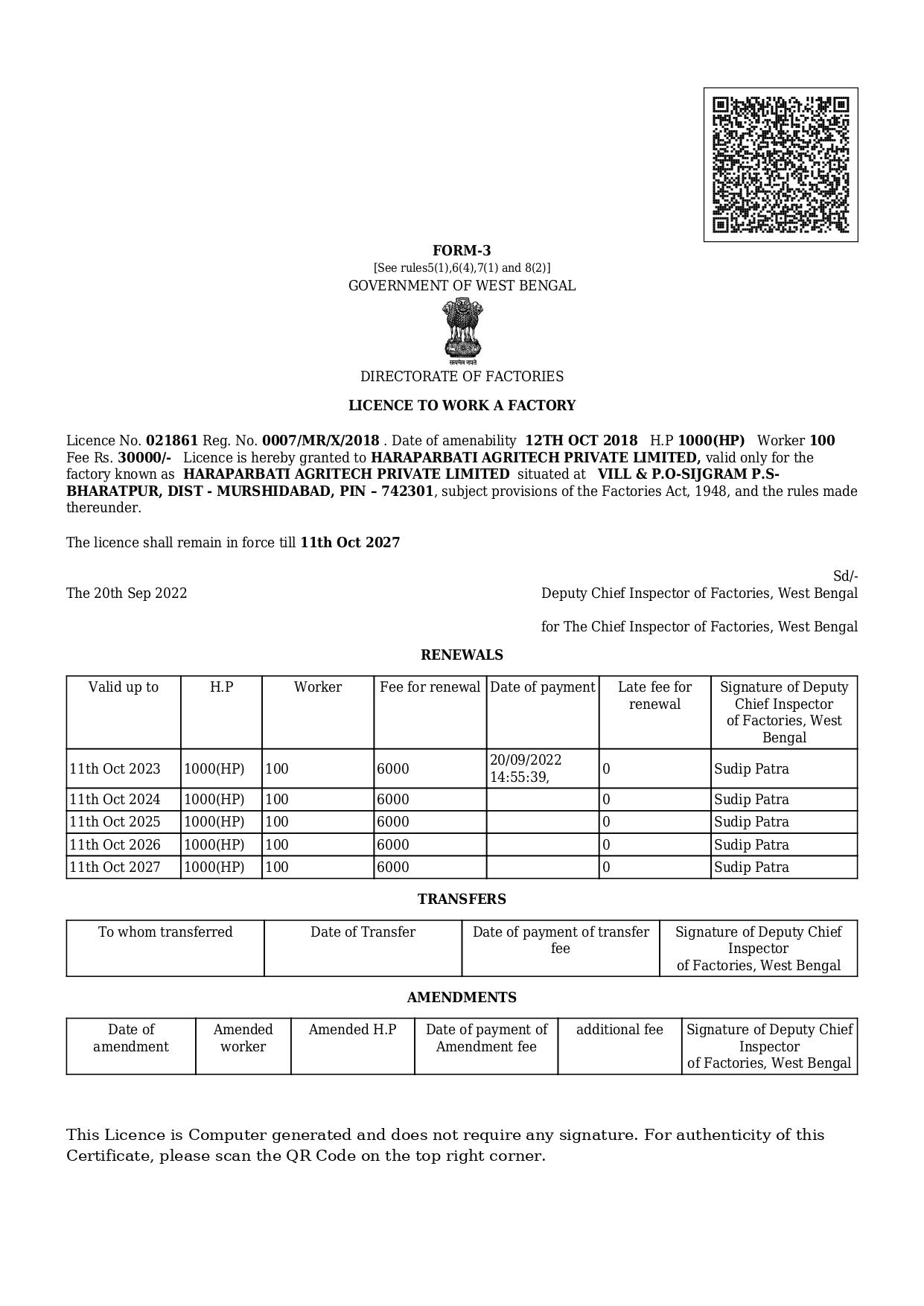 Factory license granted to Haraparbati Agritech Private Limited under the Factories Act, 1948