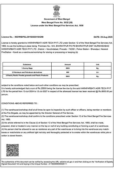 Fire license for Haraparbati Agri Tech warehouse premises in Murshidabad