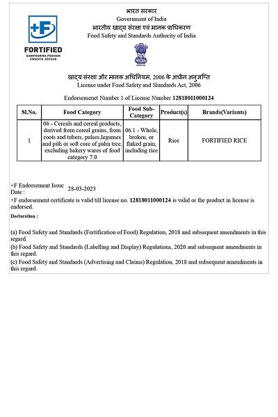 FSSAI endorsement for fortified rice production