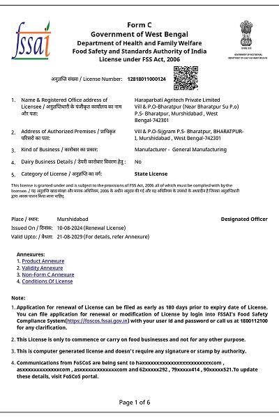 FSSAI state manufacturing license for Haraparbati Agritech Private Limited