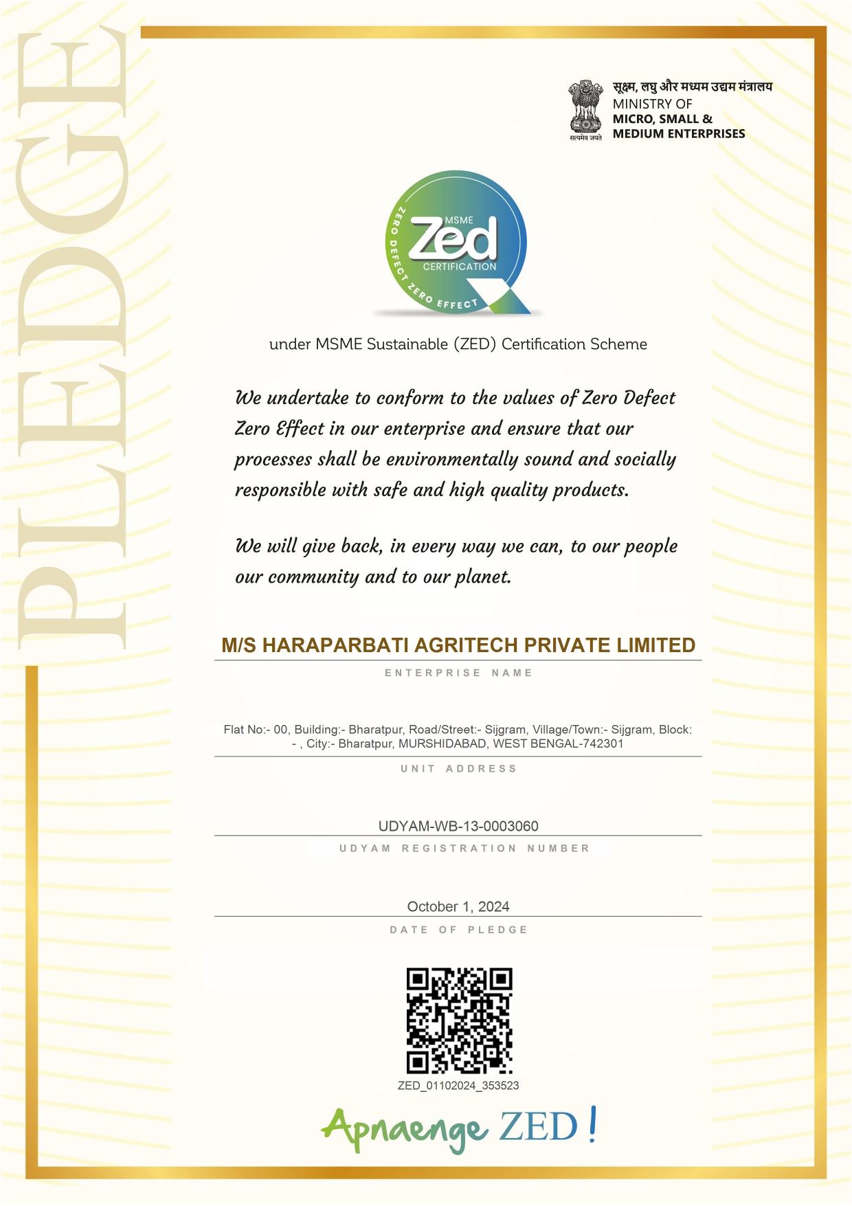 MSME Udyam Registration and ZED Sustainable Certification pledge for Haraparbati Agritech Private Limited