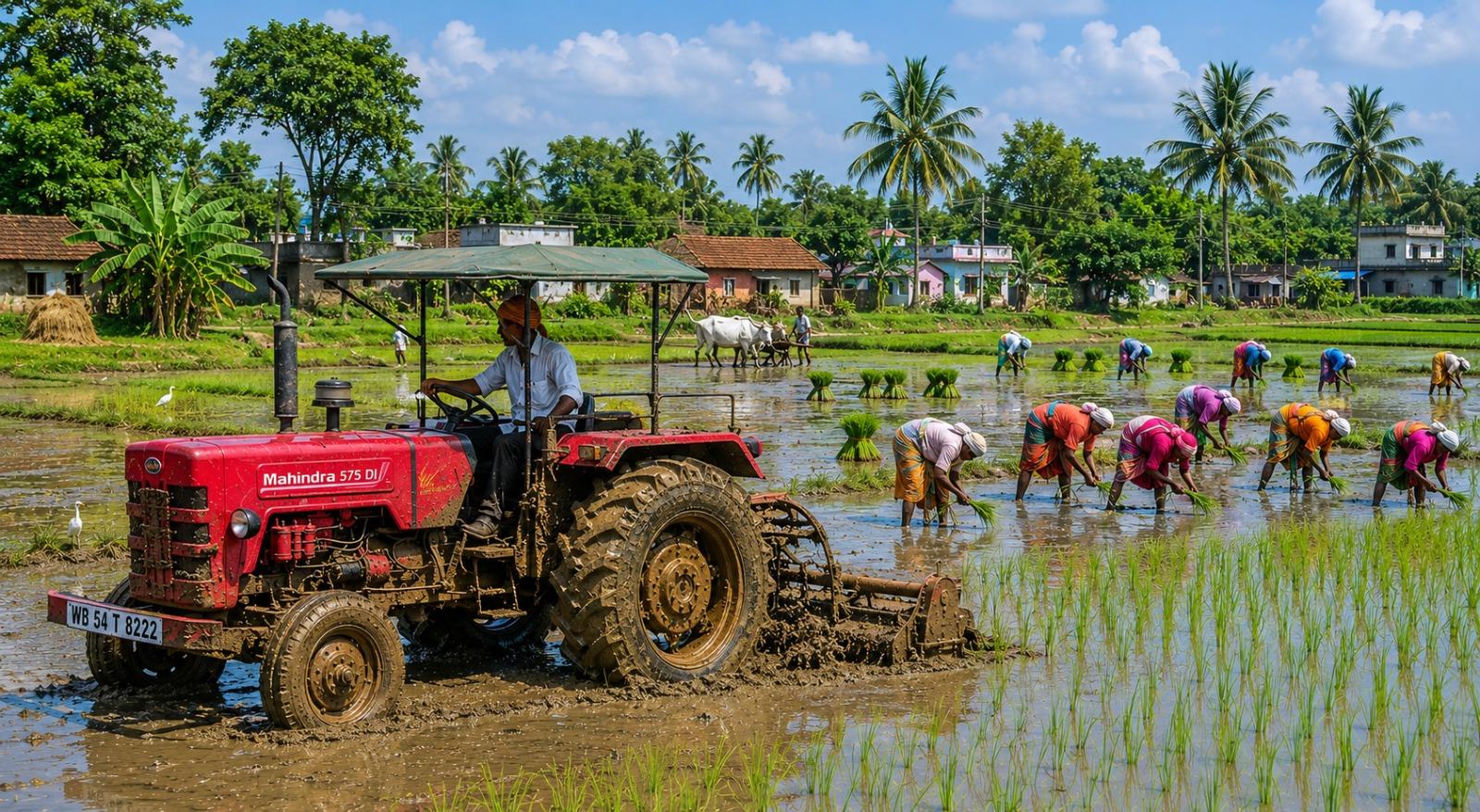 Farmer operating a tractor in green agricultural fields