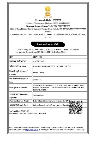 Importer-Exporter Code certificate for Haraparbati Agritech Private Limited