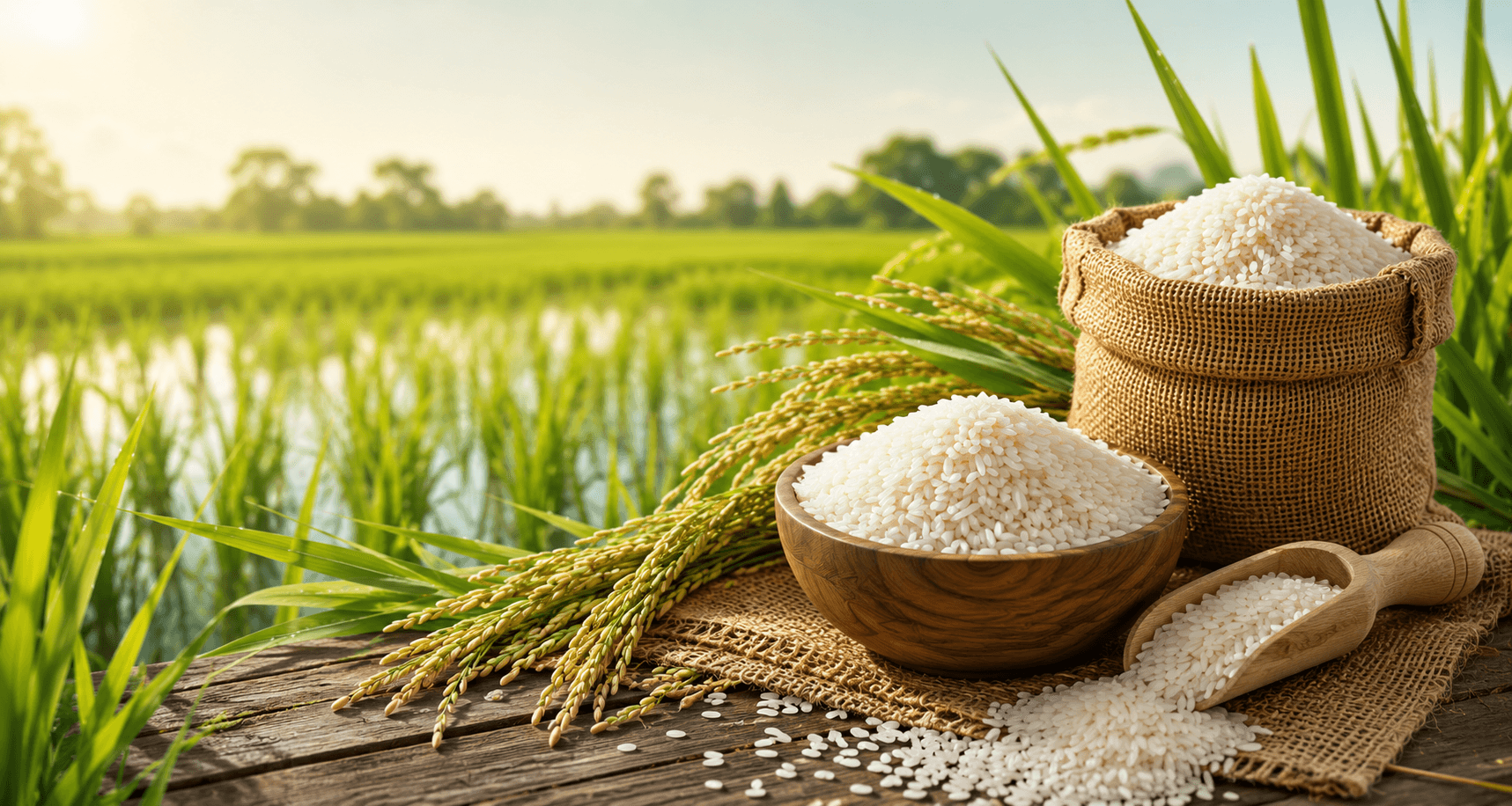 Premium rice in wooden bowls with green paddy fields